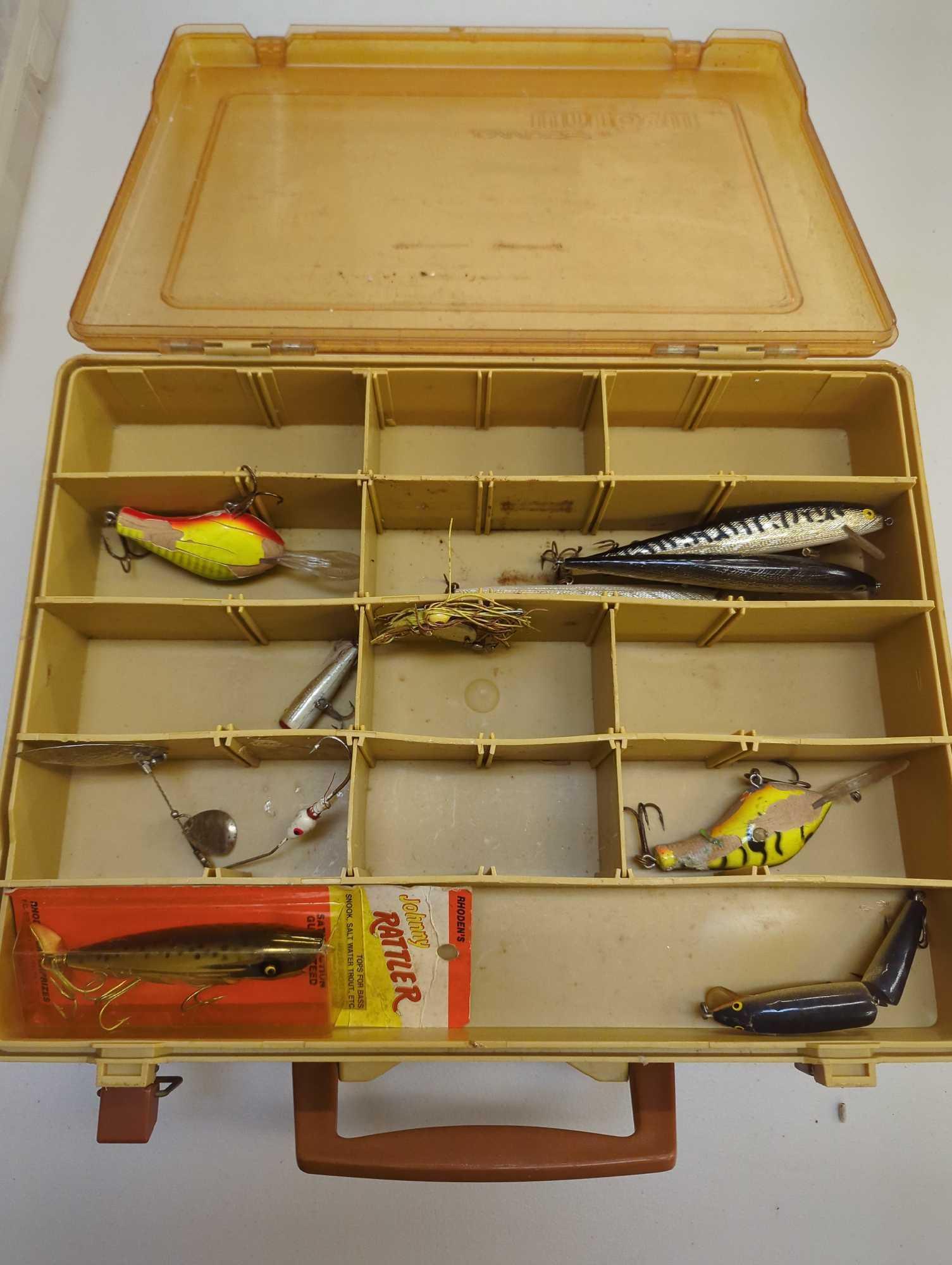 Dual-sided Tackle Box and contents including fishing accessories, various worms, and many other