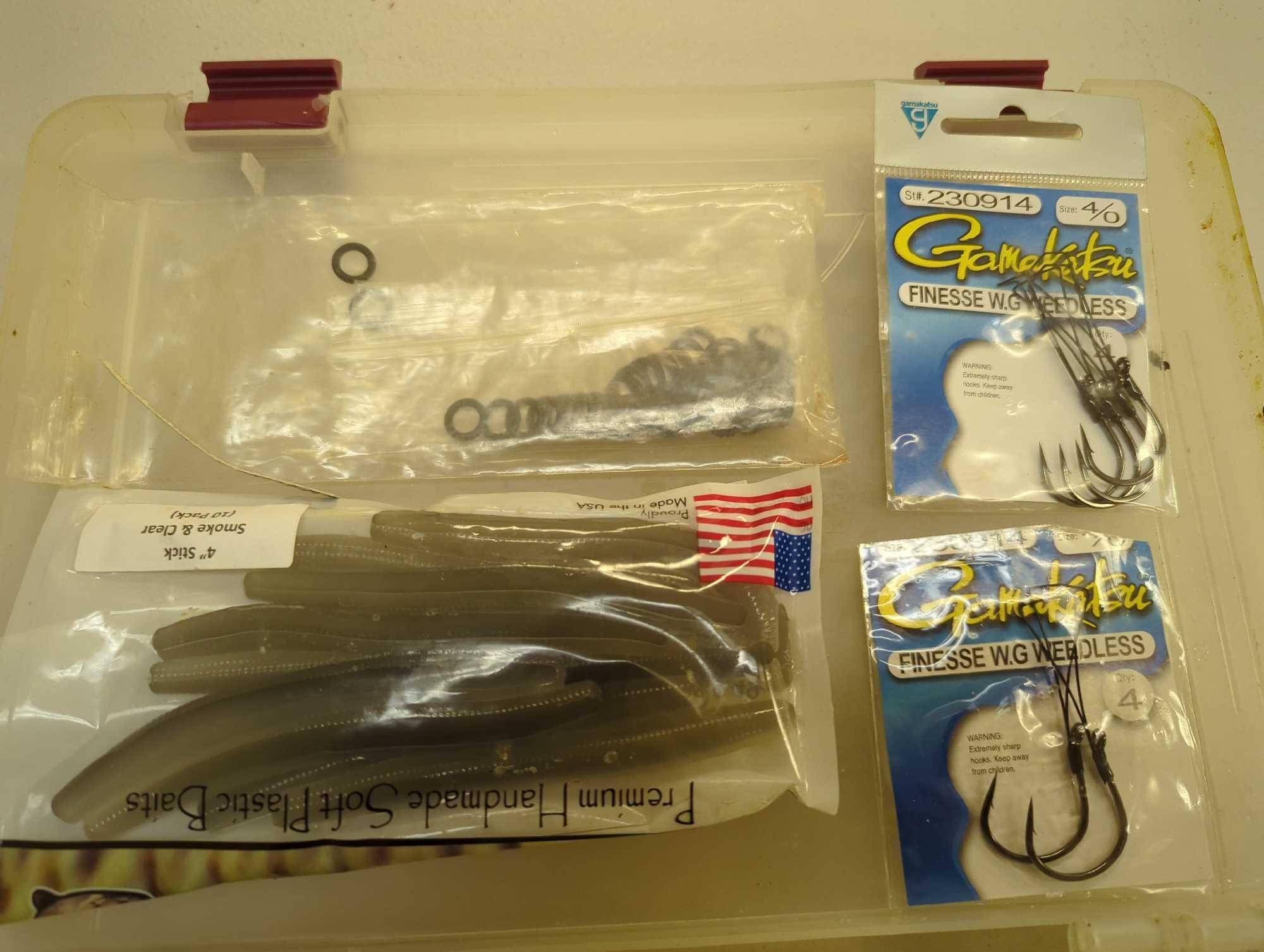 Tackle Box and contents includes various fishing worm lures. Comes as is shown in photos. Appears to