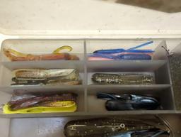 3 mini tackle boxes and a Lowrance 106-72 Transducer. Tackle boxes contain fishing worm lures and