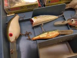 Mini dual-sided Tackle Box and contents including various fishing lures of similar style. Comes as