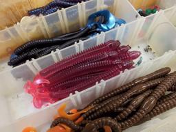 Tackle box and contents including fishing worm lures and fishing weights. Comes as a shown in