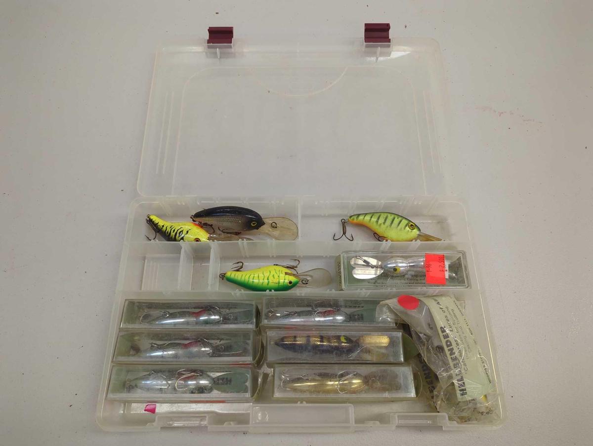 Tackle Box and contents including various fishing lures of similar style. Comes as is shown in