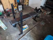 (GAR) WEIIDER MULTI PURCHASE BENCH PRESS WORK OUT BENCH WITH BAR & MISC. WEIGHTS.