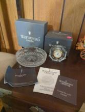 (LR)LOT OF 2 WATERFORD ITEMS, WATERFORD OCTAGONAL CRYSTAL CLOCK, 2 3/4"H AND 5"D CRYSTAL DISH. BOTH