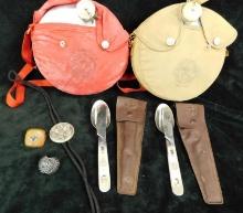 Vintage Boy Scout Items - 2 Canteens - 2 Cutlery Sets - Bolos and Scarf Holders