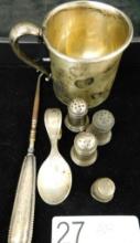 Sterling Silver - Damaged Cup - Thimble - S&P Shakers - Spoon - Hook - 126 Grams