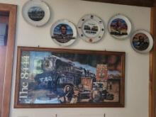 Lot of 6 "The 8444" Framed Union Pacific Historic Poster 38" x 20" & Collectible Plates