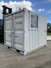 8FT OFFICE / STORAGE CONTAINER, FORK POCKETS WITH SIDE DOOR ENTRANCE & SIDE WINDOW, APPROX 86in T...