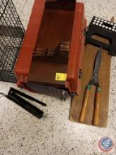 Live animal trap, dog kennel, antique iron board and other miscellaneous