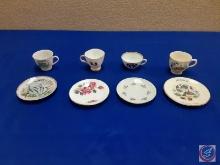 (4) small collector teacups and saucers Alaska, souvenir of Mohawk Trail Massachusetts