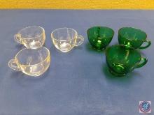(3) clear glass cups,(3) green glass cups