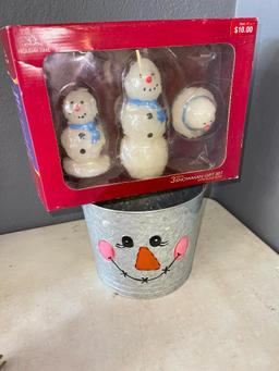 Two Piece Christmas Lot Incl Decorated Snowman Galvanized Bucket