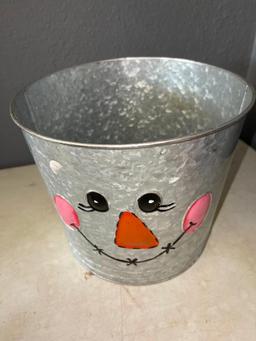 Two Piece Christmas Lot Incl Decorated Snowman Galvanized Bucket