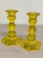 Pair of Vintage Yellow Vaseline Glass Candle Sticks