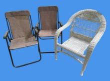 (2) Folding Patio Chairs and (1) Rattan