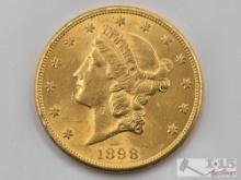 1898 $20 Liberty Head Double Eagle Gold Coin, 1oz