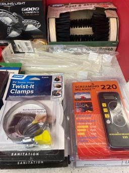 Rechargeable fan, garage and ceiling light, big brush, and other workshop items
