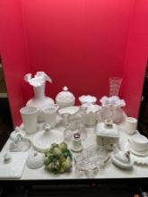 Milk glass lot includes Fenton and small hen on nest