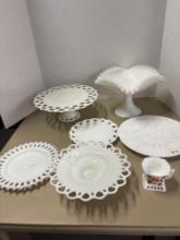 Fenton basket melt glass cake plate and other milk glass