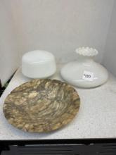 Soapstone bowl and two white glass light globes