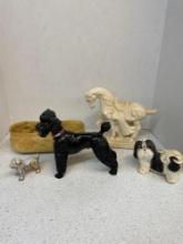 Pottery animal figures, including poodle bulldog horse
