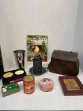 Vintage Folgers coffee, tin primitive candle, other candles, children?s books and more