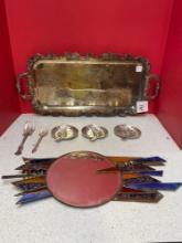 Art deco mirror, ornate silver, serving tray, other silver pieces