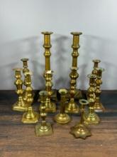 Group Lot Early Brass Candlesticks Including 19th c. or earlier