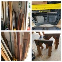 Garage Area Contents Lot - Saw Horses, Adjustable Jacks, Wood & More