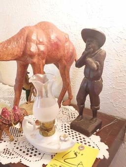 Assortment of Camel Decor, Wooden Figurine, & Miniature Oil Lamp