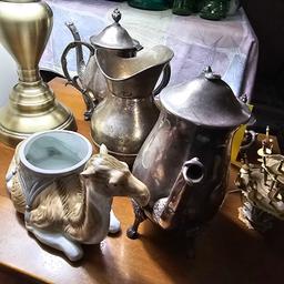 Silver Plated Serving Pieces, Miniature Sword Decoration, & Remaining Contents of Side Tables