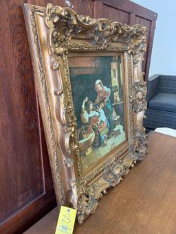 Signed Oil on Canvas Mother and Child Scene with Early Ornate Frame