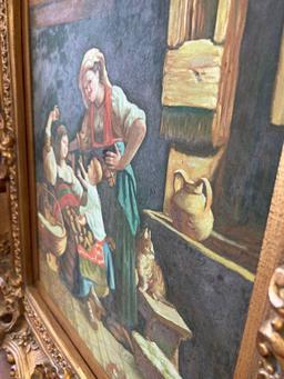 Signed Oil on Canvas Mother and Child Scene with Early Ornate Frame
