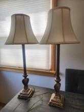 (2) beautiful antiqued finish gold tone lamps, linen shades