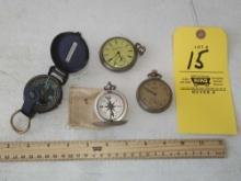 2 Pocket Watches, 2 Compasses