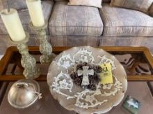 Large decorative bowl with cross, sconces with candles, round candle, girl trinket box