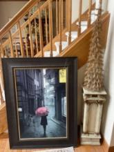 Large picture with girl and umbrella scene, ornate foyer stand, decorative glitter tree