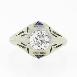 Antique Art Deco 18k Gold GIA Old European Diamond Sapphire Engagement Ring