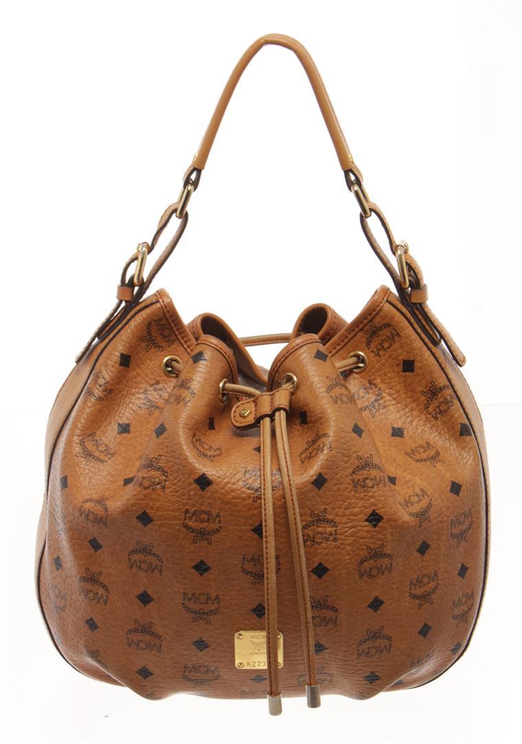 MCM Cognac Visetos Leather Bucket Bag