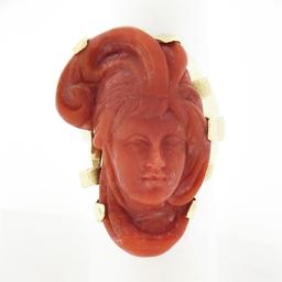 Large Vintage 14K Gold GIA NO DYE Coral Carved Lady Face Cameo Statement Ring