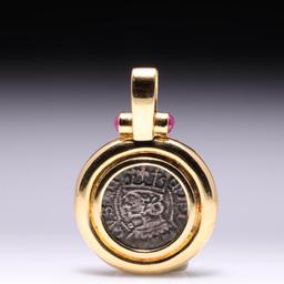 18K Yellow Gold Pendant with Rubies & Ancient Silver Armenian Coin