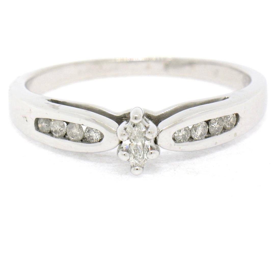 Petite 10k White Gold Marquise Diamond Solitaire Ring w/ Round Channel Accents