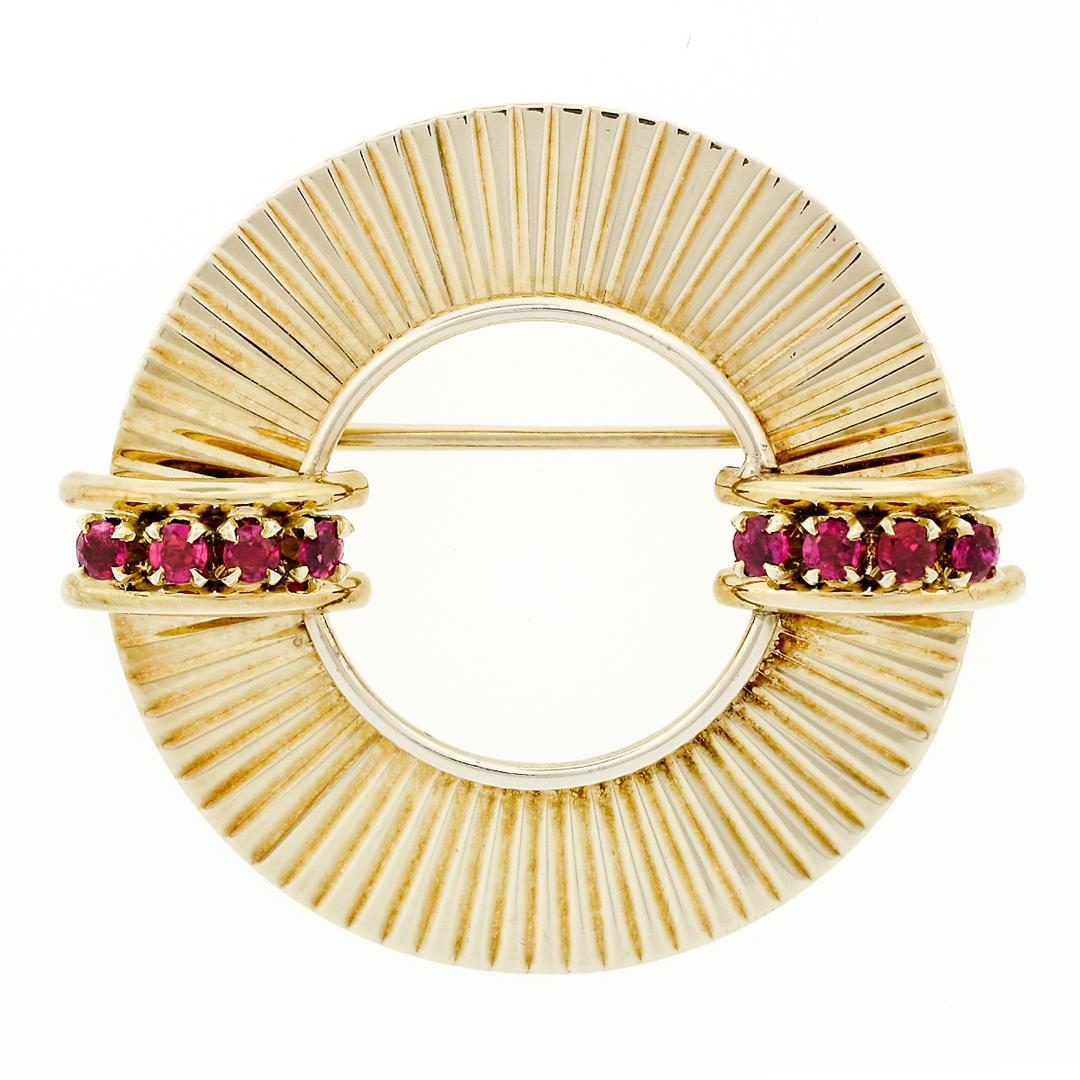 Retro Vintage 14k Yellow Gold 0.64 ctw Round Ruby Fluted Circle Wreath Brooch Pi