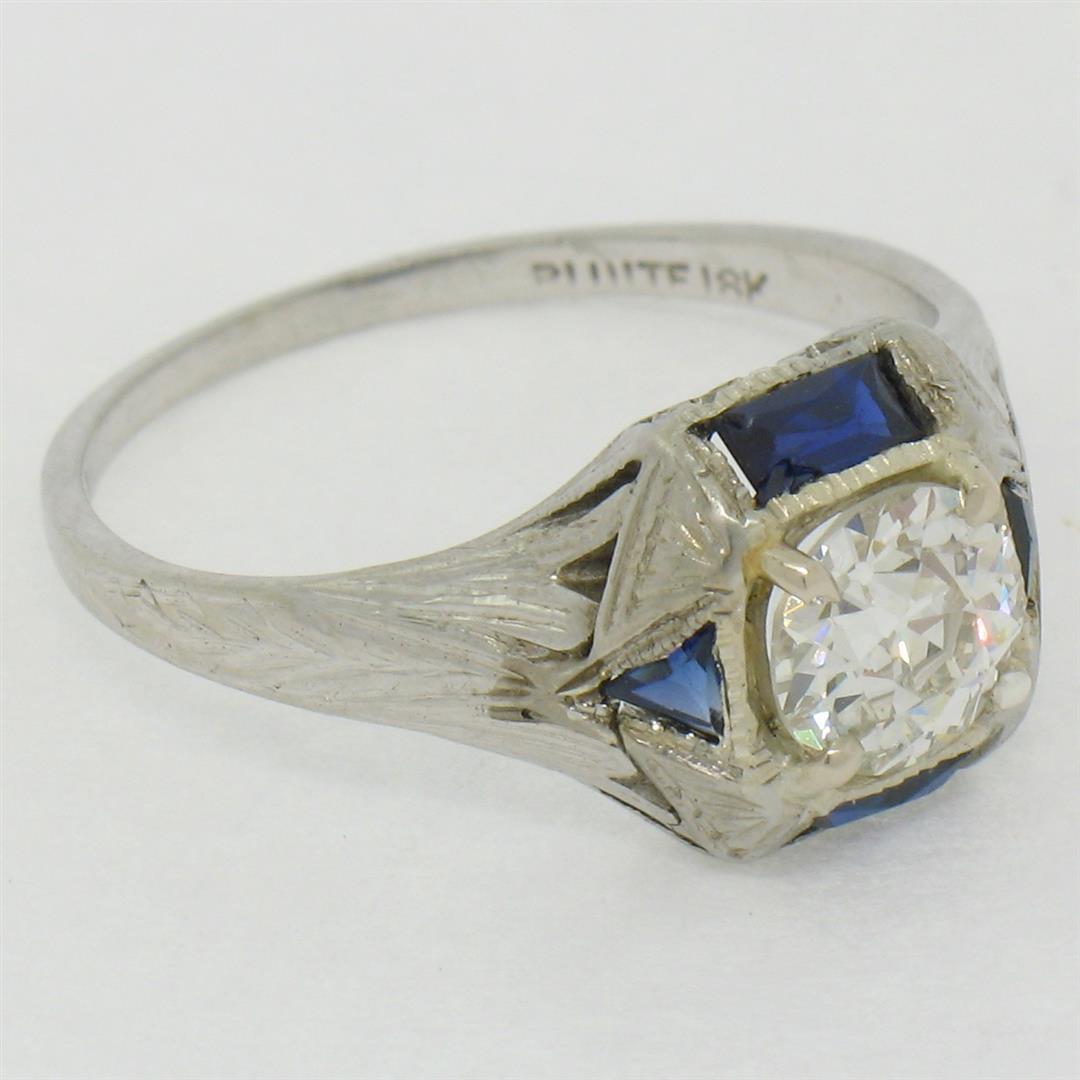 Antique Art Deco 18k White Gold 0.65 ctw European Diamond and Sapphire Ring