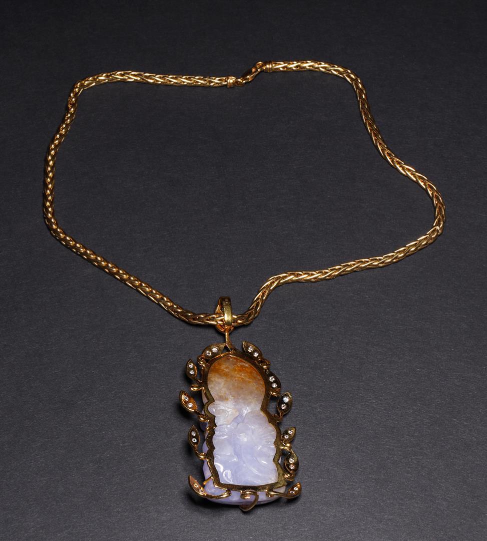 18K Gold, Carved Jadeite & Diamond Pendant & Necklace by Victor Loo
