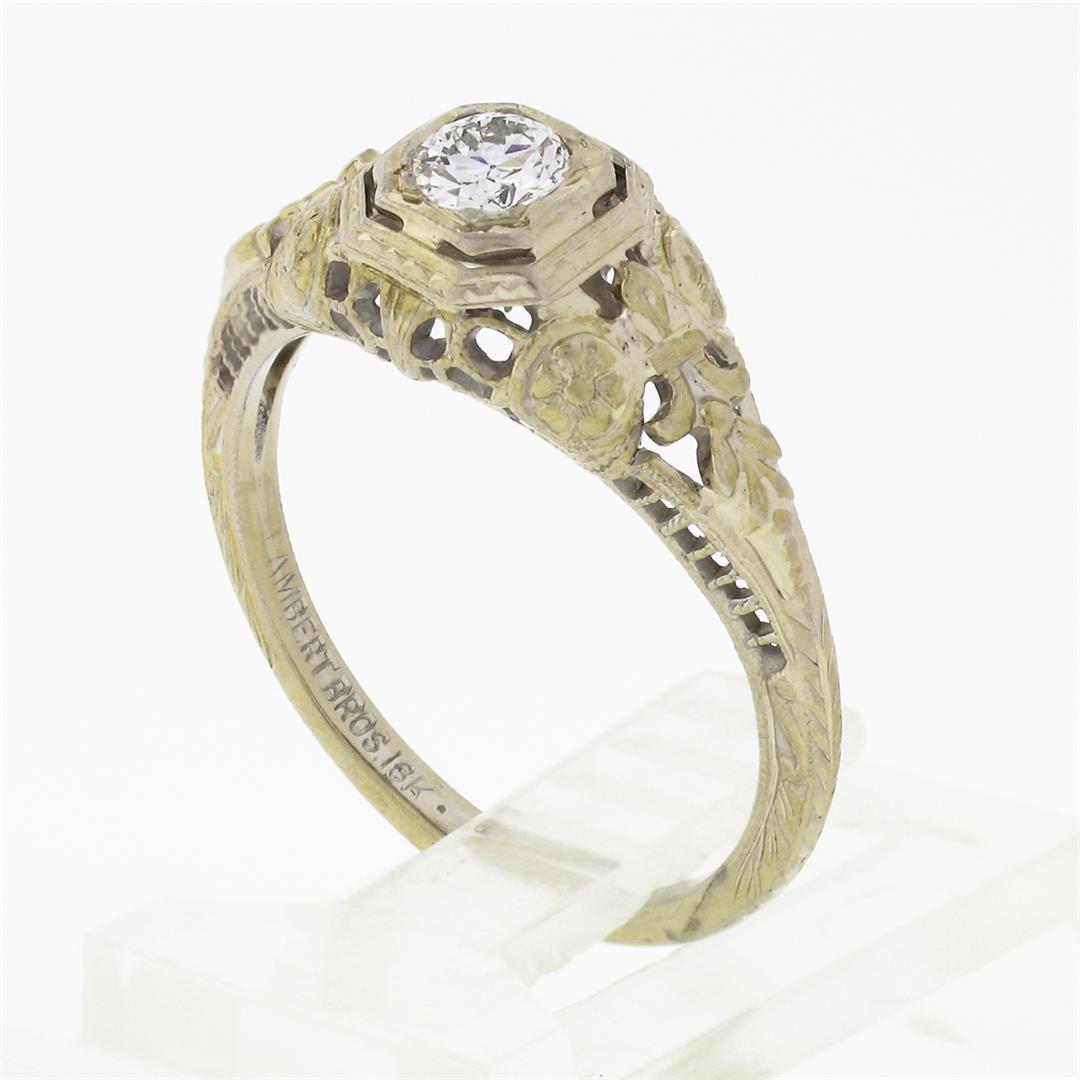 Antique Art Deco 18k Gold 0.26 ctw European Diamond Lambert Bros Filigree Ring