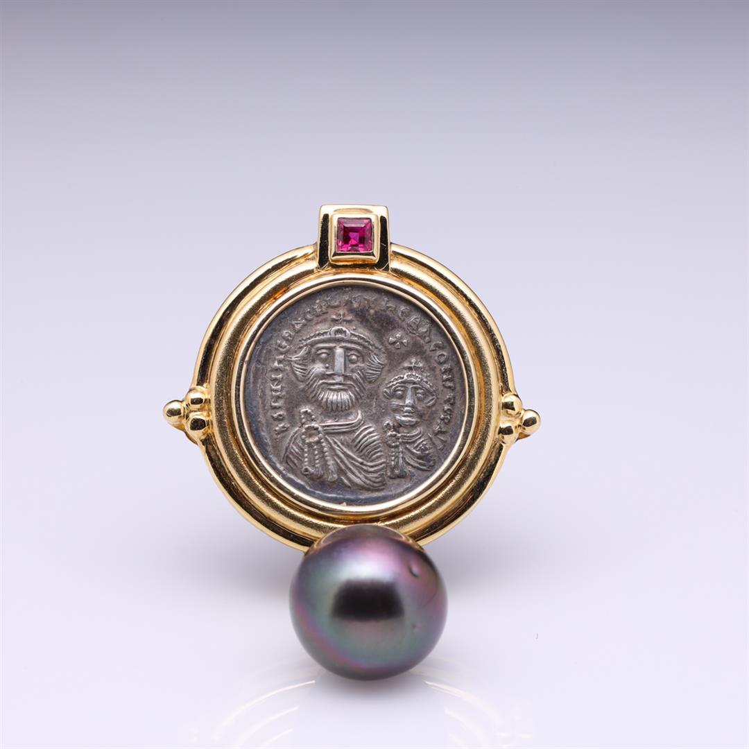 Pair of 18k Yellow Gold South Sea Black Pearl, Ruby & Byzantine Coin Earrings