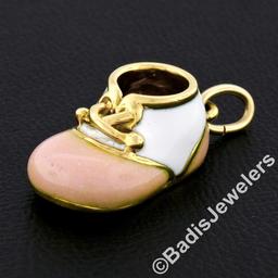 Vintage Felix Vollman 18k Gold Large White Pink Enamel Baby Shoe Charm Pendant
