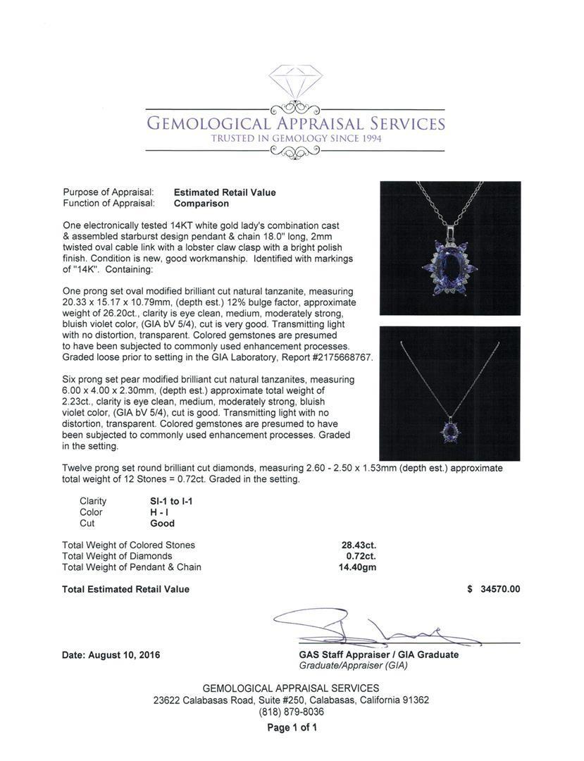 GIA Cert 28.43 ctw Tanzanite and Diamond Pendant With Chain - 14KT White Gold