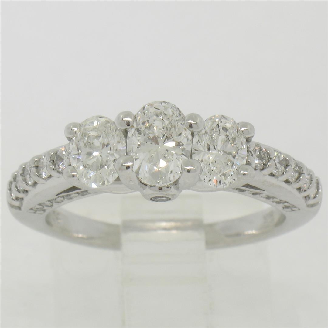 14k White Gold 1.50 ctw Oval 3 Stone Diamond Promise Engagement Ring w/ Accents